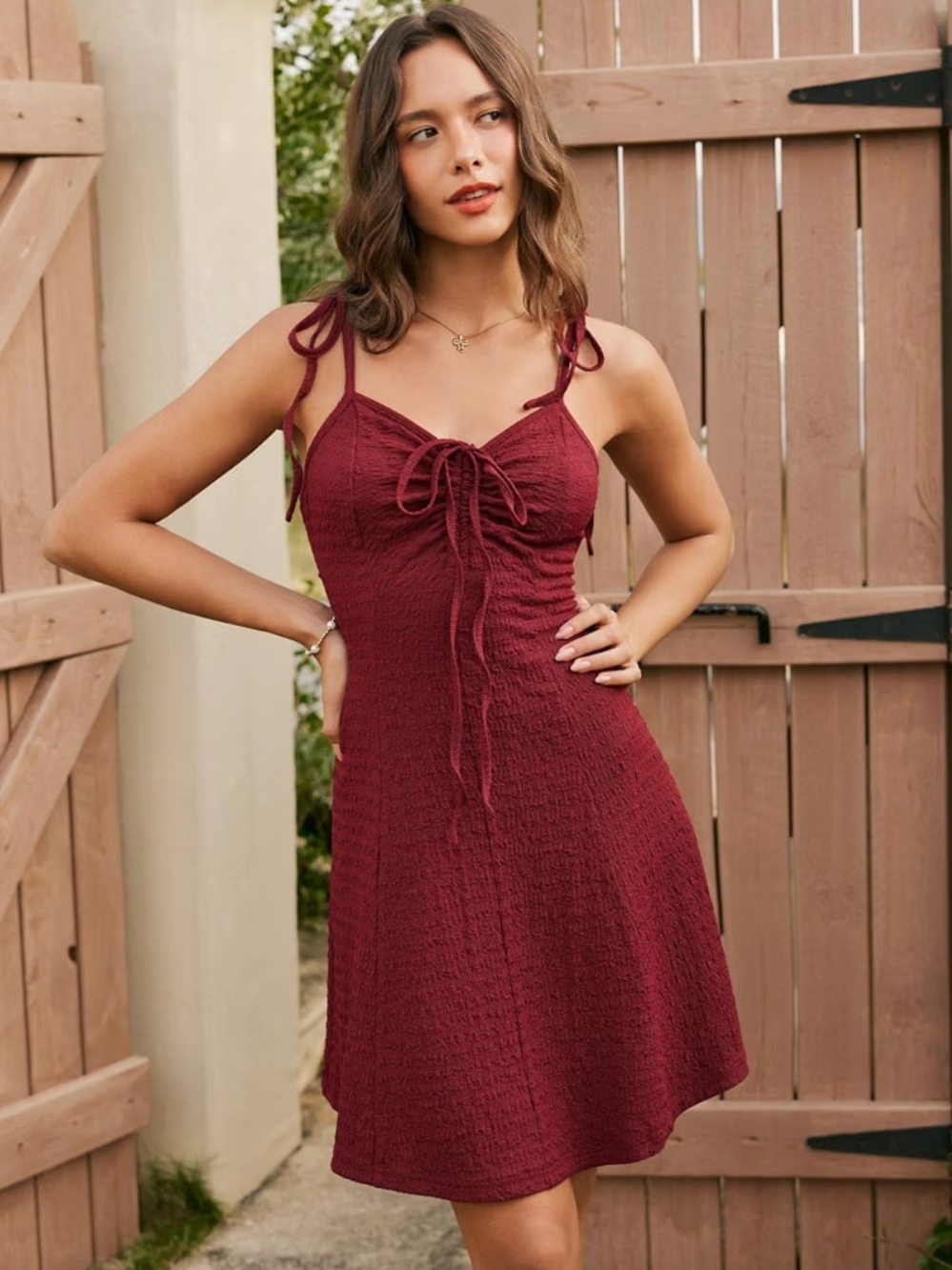 Cider Burgundy Tie-Front Textured Mini Dress